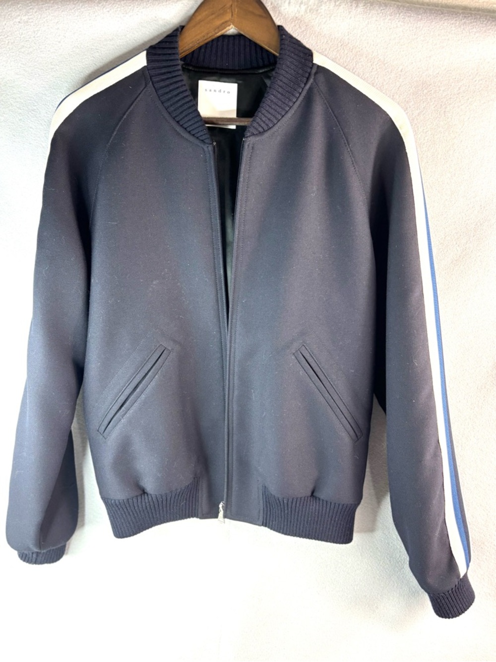 Sandro Paris M Mens Technical Fabric Navy Bomber Jacket w White Shoulder Stripes